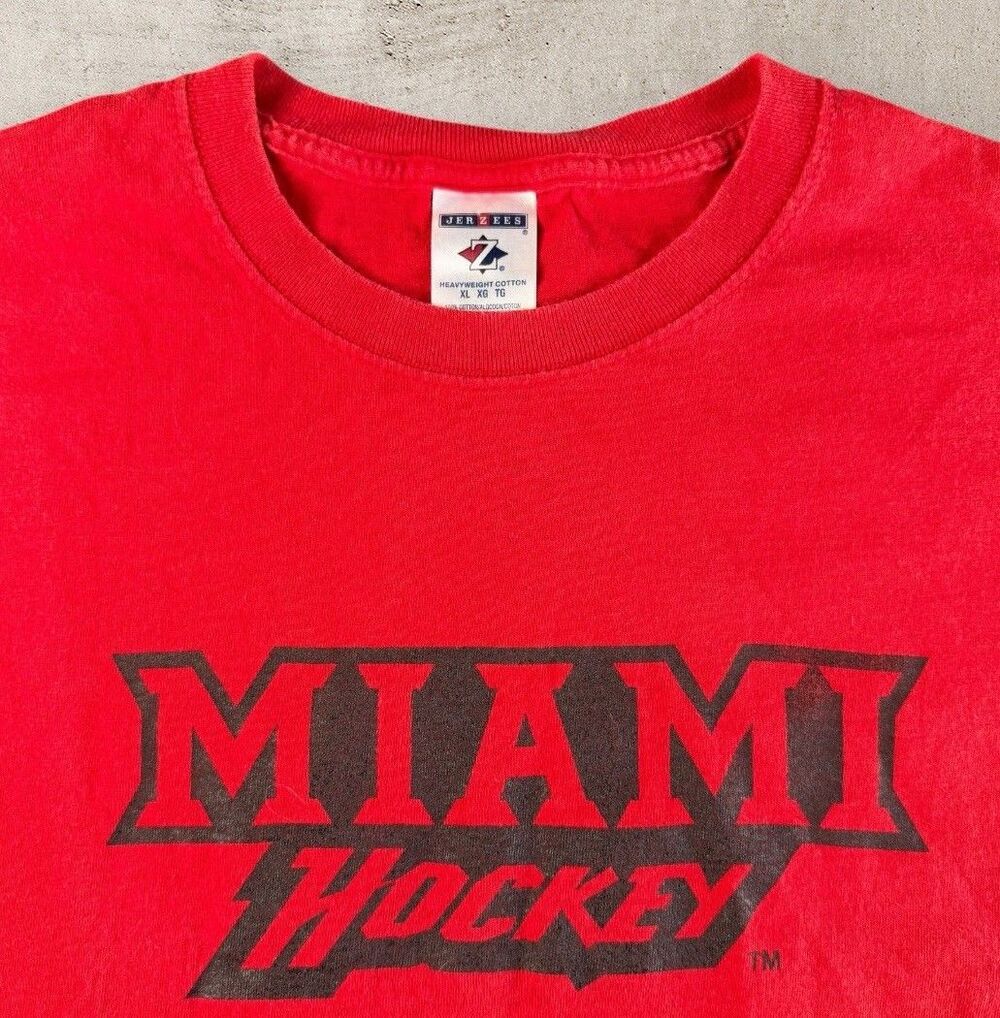 Vtg Miami University RedHawks Hockey Shirt Mens XL Jerzees Red Spell Out Y2K